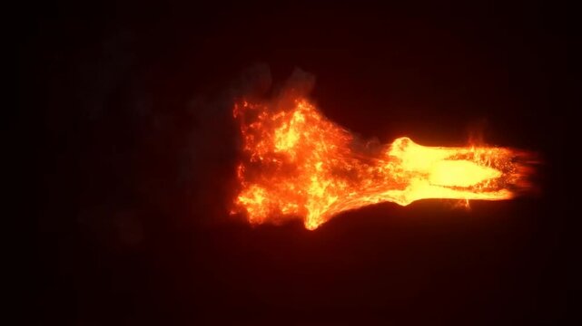 Tracking shot of flaming projectile erupting from heated textured metal rod with glowing embers and smoke in dark studio environment