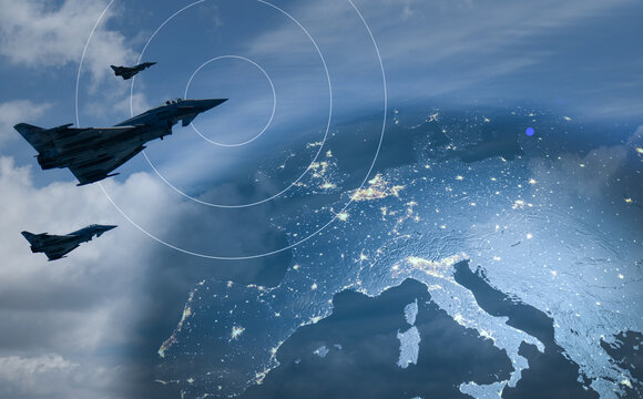 Military Eurofighter jets flying high in the sky with radar waves, protecting the European airspace and demonstrating defense and security over the illuminated map of Europe at night