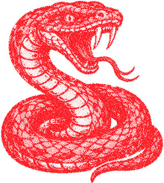 Halftone stipple red snake with fangs and tongue in retro grunge dotted transparent style