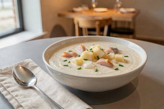 Bowl of Cullen Skink, creamy smoked haddock soup with potatoes on table, silver spoon on linen napkin. Concept of warmth and comfort in dining experience.