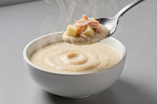 Cullen Skink with creamy texture, chunks of smoked haddock and potatoes cream, steaming hot served in silver spoon. Concept of delicious comfort food experience.