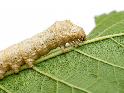 Silkworm crawling on a green mulberry leaf detailed macro photography bombyx mori foliage insect larva