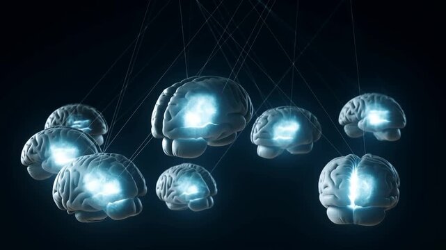 Slow motion tracking pan tilt of multiple glowing brains floating and connecting in dark digital studio space