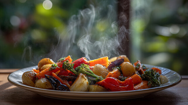 Roasted root vegetables and bell peppers on a ceramic plate with hot meal.