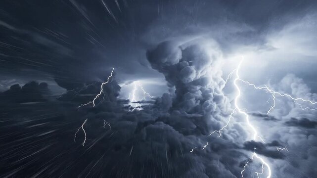 Dramatic lightning storm clouds with powerful electrical discharges in a dark atmospheric sky