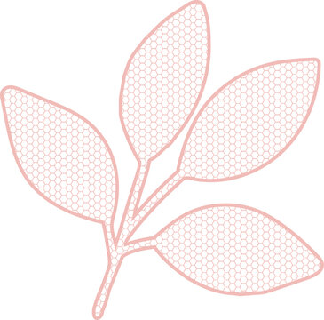 A decorative pink botanical branch with four leaves features a delicate hexagonal honeycomb pattern throughout the design.
