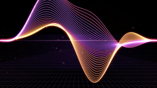 An abstract neon harmonic waveform glows with vibrant pink and orange light, undulating above a dark cybernetic grid floor with particles in a futuristic digital cyberspace environment