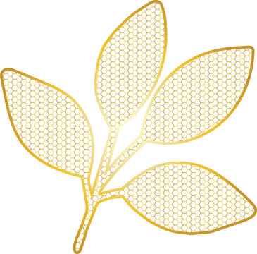 A decorative golden botanical branch with four leaves features an intricate hexagonal honeycomb pattern and elegant metallic detailing.