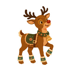 Flat illustration of a decorated reindeer standing in a lively pose, rendered in warm colors with folk patterns and clean seasonal details on white. © Prosymbols