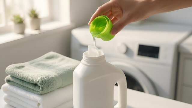 Person pouring clear liquid laundry detergent from a vibrant green plastic measuring cup into a white bottle while preparing for a fresh load of clothing