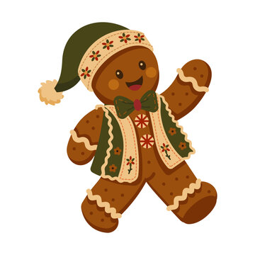 Flat illustration of a smiling gingerbread man wearing a festive hat, rendered in warm colors with folk patterns and clean seasonal details on white.