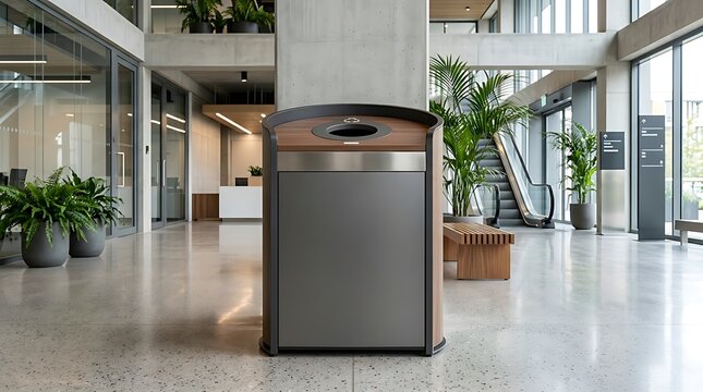 Modern recycling bin in a bright contemporary office building interior lobby