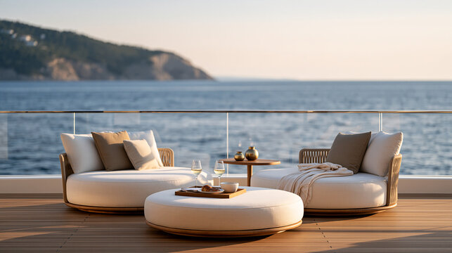 Glass railing alongside luxury yacht aft deck seating area, deep sea beyond, polished teak surface, marine lifestyle, high end nautical design, private vessel amenity, sailing