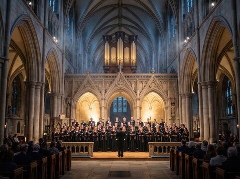 Choir singing during a performance inside a historic cathedral with pipe organ