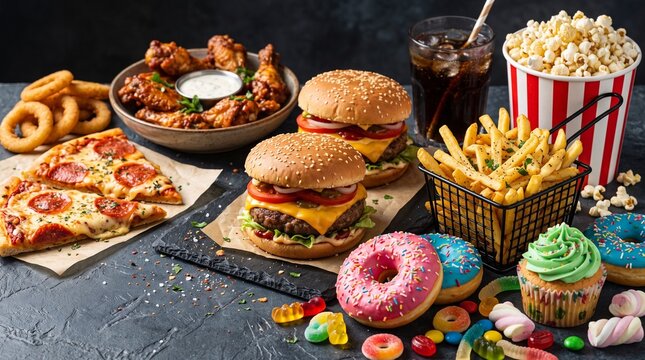 Delicious assortment of unhealthy fast food items featuring juicy beef cheeseburgers crispy golden french fries salty popcorn pepperoni pizza savory chicken wings colorful glazed donuts and sweet suga
