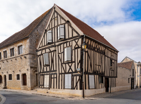 France: charming medieval half-timbered houses located on Rue Couverte in the upper town of the city of Provins, Seine-et-Marne.