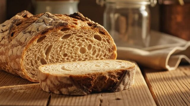 Rustic loaf of sourdough bread with golden crust and soft crumb cut into slices on a wooden surface