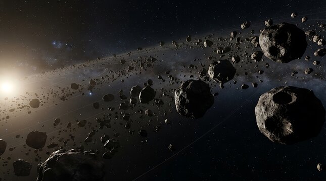 A stunning conceptual rendering of a dense astroid belt orbiting a star in deep space with rocky asteroids