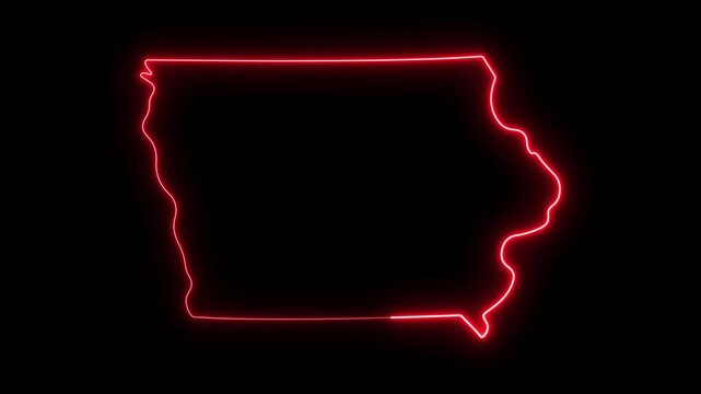 Iowa state map outline with glowing red neon light effect on black background