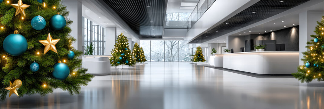 Corporate reception area lobby interior with a modern front desk and two large christmas trees decorated with blue ornaments, creating a festive holiday atmosphere in a professional setting