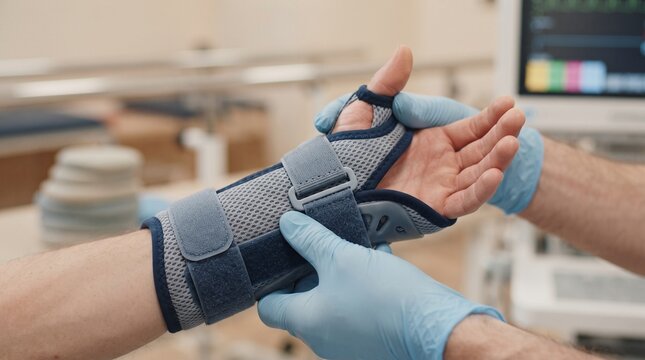 Orthopedic specialist examining and adjusting a wrist brace on a patient hand in a clinic.