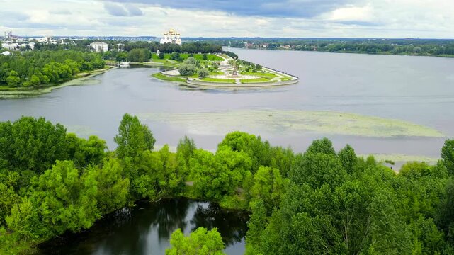 Yaroslavl, Russia. Strelka (Spit), Kotorosl flows into the Volga River, and where, according to legend, Prince Yaroslav the Wise founded the city of Yaroslavl. Drone footage