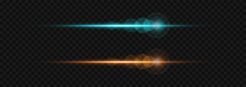 Blue and Orange Lens Flare Set Vector Glowing Horizontal Light Beam Line Optical Flare Vector Overlay on Transparent Background