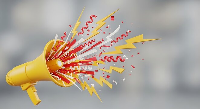 Yellow megaphone with colorful confetti and streamers in motion