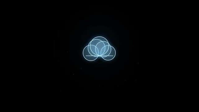 Abstract glowing neon cloud icon formed by overlapping geometric circles on a black background, digital technology and data storage concept