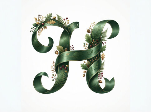 Elegant Floral Letter H Vector. Green Foliage Monogram Letter H. Ornamental Leaf Letter H. Monogram  Elegant Botanical Green Letter H