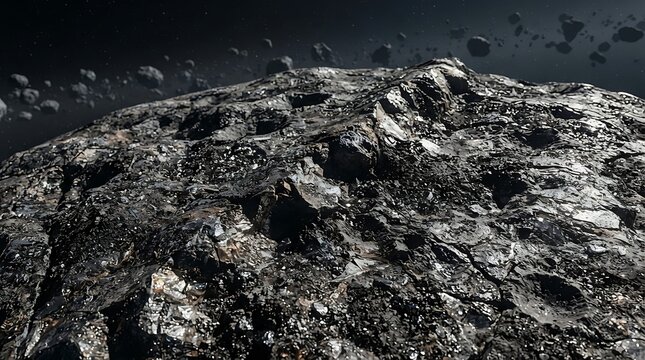 A close-up view of a rocky asteroid surface in a dense asteroid belt with space debris floating in the background