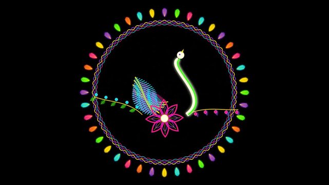 A vibrant digital folk art illustration features a stylized swan, colorful flower, and leaf motif enclosed within a circular border decorated with glowing multicolored beads on black