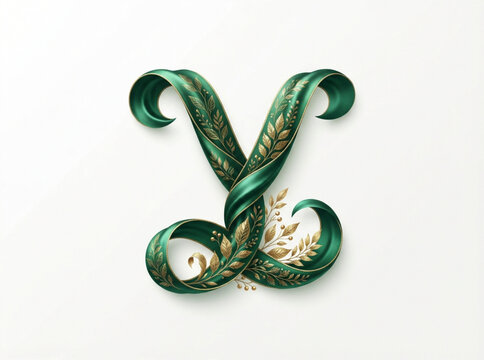 Elegant Floral Letter Y Ribbon. Green Velvet Letter Y Monogram. Ornate Botanical Letter Y Vector 