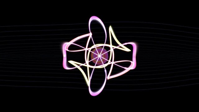A complex quantum rosette swirls in a continuous geometric loop, featuring intertwining golden and pink ribbon lines surrounding a vibrant multicolored hypnotic center against black