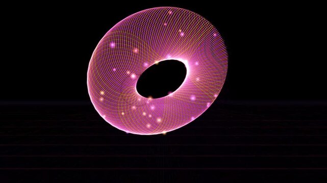 An abstract 3D geometric torus rendered in vibrant pink and purple tones featuring complex procedural wireframe patterns sparkling against a dark gridded floor under dim ambient lighting conditions