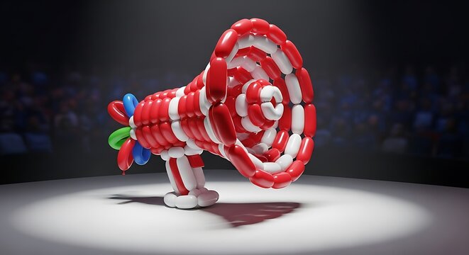 3D cartoon character dressed as a clown performing a balancing act with a balloon art prop in a studio setting with neutral background