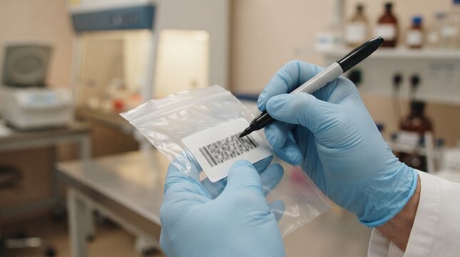 Scientist in gloves writing barcode on sample bag in laboratory.