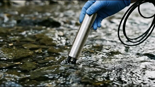 Water quality sensor measuring shallow flowing stream water among exposed river stones in bright natural daylight
