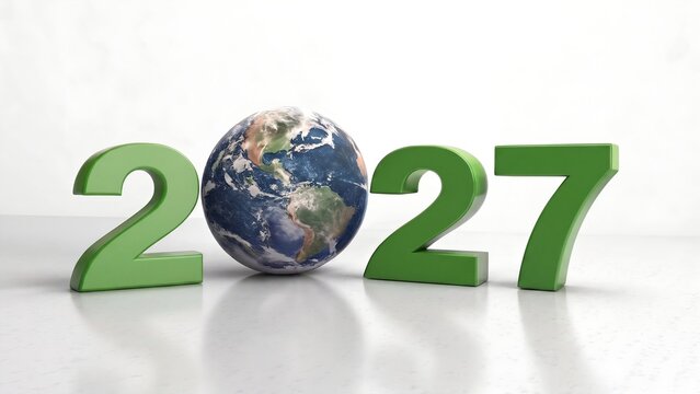 Year 2027 concept with green numbers and planet earth, global environmental sustainability goals, ecological future and world conservation