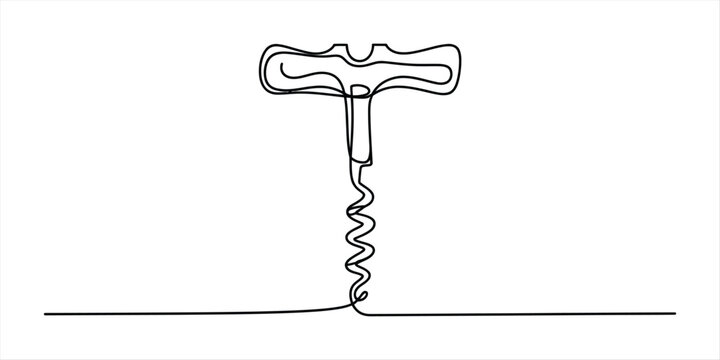 Continuous single line drawing of a simple metal corkscrew tool for opening wine bottles in a minimalist artistic style for home bar and kitchen decor