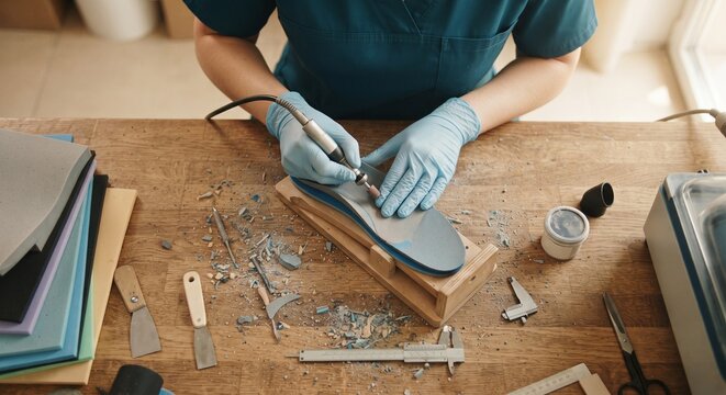 Specialist hands in blue gloves shaping custom orthotic insole using a rotary sanding tool on wooden workbench.