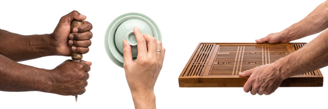 Set of tea ceremony preparation items in hands, isolated on a transparent or white background. Authentic oriental beverage brewing tools and traditional cultural mindfulness ritual.