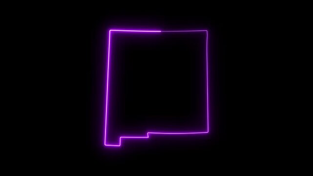 Neon purple outline map of new mexico state, glowing digital border animation on black background