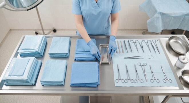 Surgical nurse preparing sterile tools and instruments tray on table in operating room.