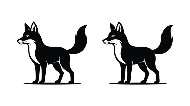 Two black fox silhouettes stand facing opposite directions on a white background