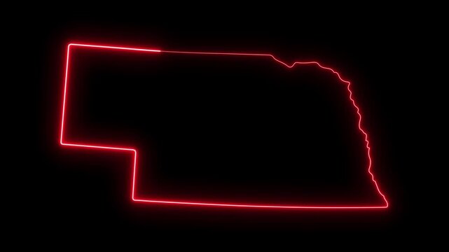 Nebraska state map outline with glowing red neon light effect on black background, border