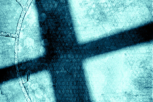 blue-green cross shadow on rough pavement, rotate for vertical composition