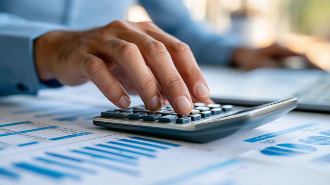 Faceless professional using calculator while reviewing accounting documents showing revenue, expenses, profit and budget figures, financial planning, business analysis, with copy