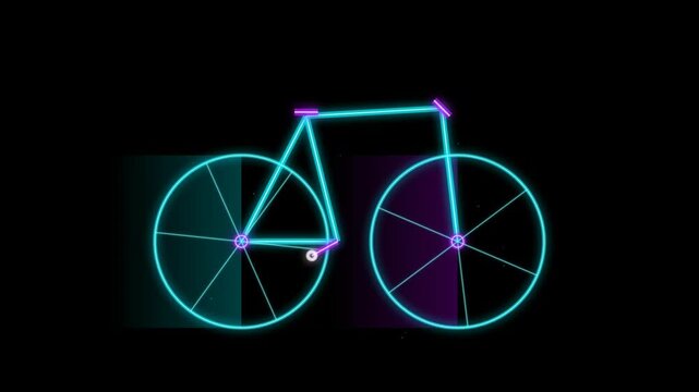 Neon glowing bicycle outline illustration on a black background, minimalist digital art style representing urban transportation and cycling lifestyle