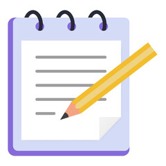 Spiral notepad with yellow pencil writing on lined paper sheet cartoon icon isolated background © Adil